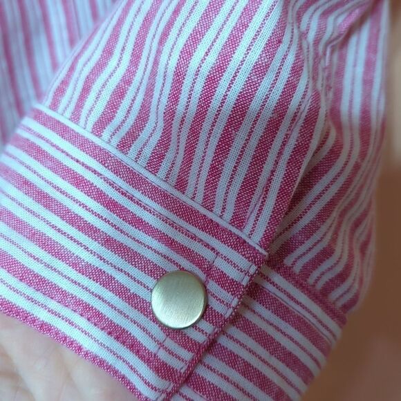Chico’s Reversible Pink Railroad Striped To Solid Linen Jacket sz 1 Medium - Picture 8 of 10